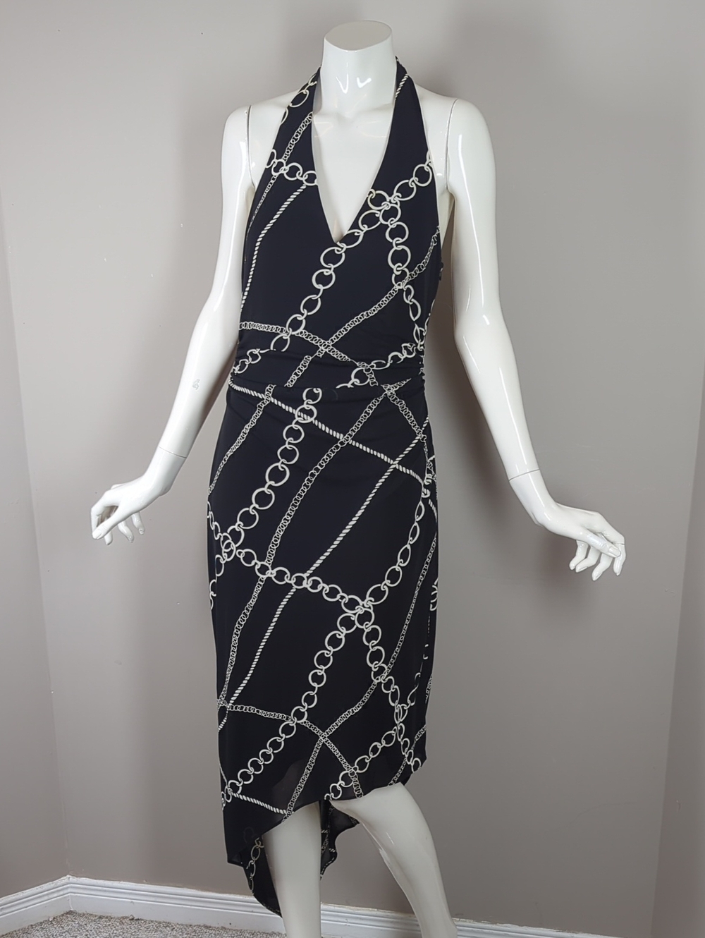 David Meister Y2K Black Chain-Print Halter Dress Asymmetrical Hem Stretch 6